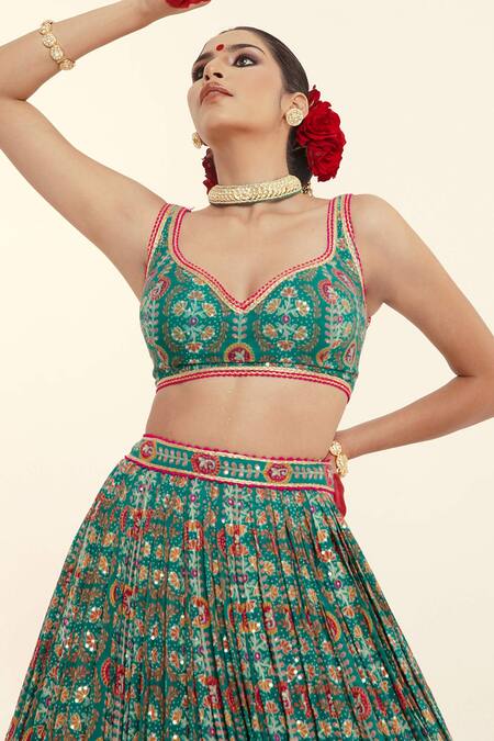 Buy_Rajbinder Chahal_Green Georgette Embroidery, Sequins, Lace Floral Blouse And Lehenga Set _Online_at_Aza_Fashions