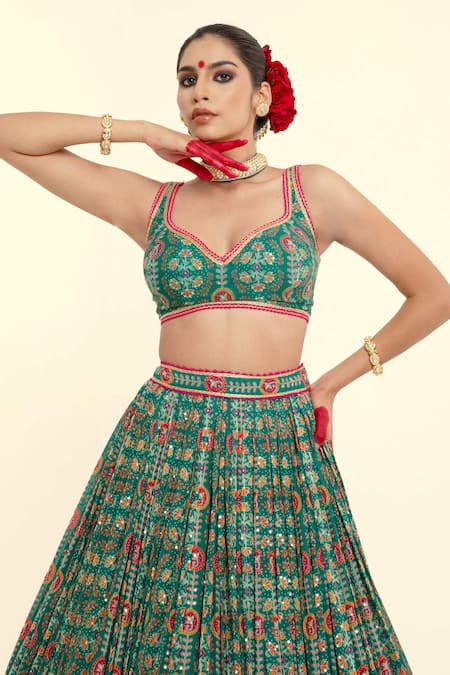 Shop_Rajbinder Chahal_Green Georgette Embroidery, Sequins, Lace Floral Blouse And Lehenga Set _Online_at_Aza_Fashions