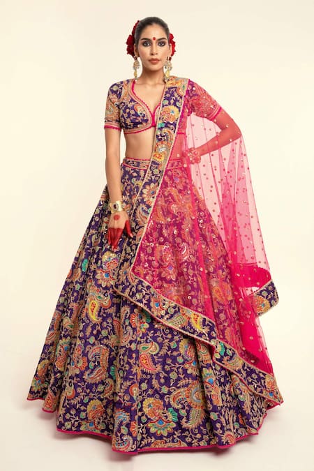 Rajbinder Chahal Purple Dupion Silk Print Paisley Leaf Blouse And Lehenga Set 