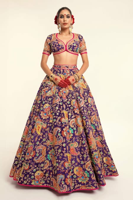Rajbinder Chahal_Purple Silk Lace, Embroidery Paisley Print Blouse And Lehenga Set _Online_at_Aza_Fashions