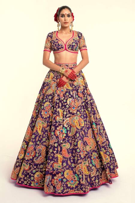 Buy_Rajbinder Chahal_Purple Silk Lace, Embroidery Paisley Print Blouse And Lehenga Set _Online_at_Aza_Fashions