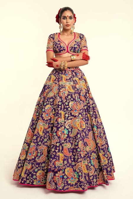 Shop_Rajbinder Chahal_Purple Silk Lace, Embroidery Paisley Print Blouse And Lehenga Set _Online_at_Aza_Fashions