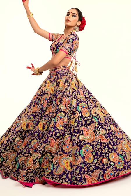 Rajbinder Chahal_Purple Silk Lace, Embroidery Paisley Print Blouse And Lehenga Set _at_Aza_Fashions