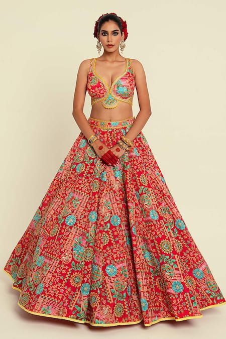 Rajbinder Chahal_Pink Silk, Chiffon Embroidery, Floral Printed Cut Out Blouse And Lehenga Set _Online_at_Aza_Fashions