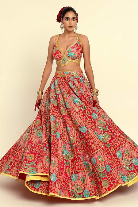 Buy_Rajbinder Chahal_Pink Silk, Chiffon Embroidery, Floral Printed Cut Out Blouse And Lehenga Set _Online_at_Aza_Fashions
