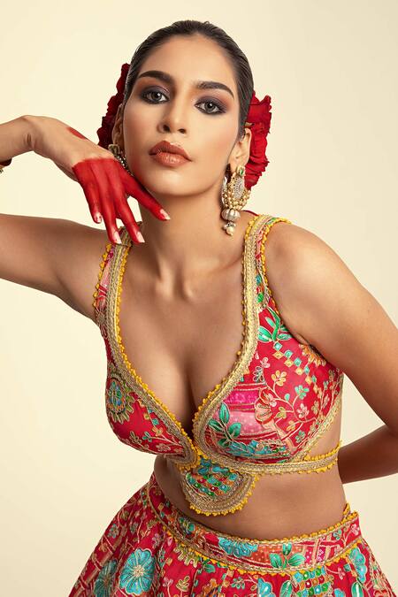 Rajbinder Chahal_Pink Silk, Chiffon Embroidery, Floral Printed Cut Out Blouse And Lehenga Set _at_Aza_Fashions