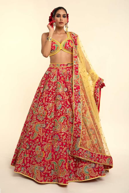 Rajbinder Chahal Red Dupion Silk Print Paisley Geometric Embroidered Blouse And Lehenga Set 