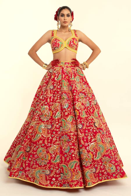 Rajbinder Chahal_Red Silk, Chiffon Lace, Embroidery Asymmetric Paisley Blouse And Lehenga Set _Online_at_Aza_Fashions