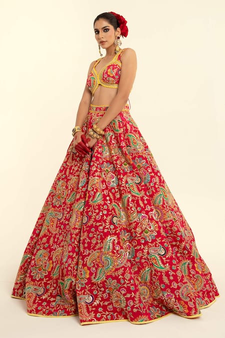 Buy_Rajbinder Chahal_Red Silk, Chiffon Lace, Embroidery Asymmetric Paisley Blouse And Lehenga Set _Online_at_Aza_Fashions