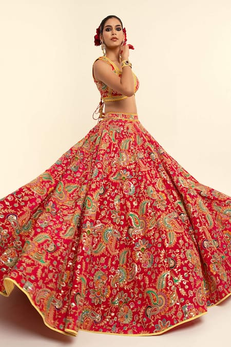 Buy_Rajbinder Chahal_Red Silk, Chiffon Lace, Embroidery Asymmetric Paisley Blouse And Lehenga Set 