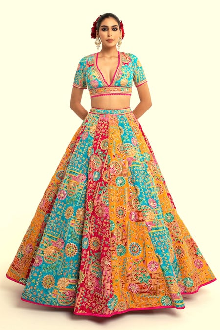 Rajbinder Chahal_Multi Color Silk Sequins, Lace, Embroidery V-neck Floral Blouse And Lehenga Set _Online_at_Aza_Fashions
