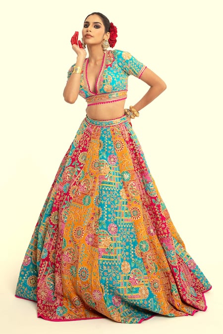 Buy_Rajbinder Chahal_Multi Color Silk Sequins, Lace, Embroidery V-neck Floral Blouse And Lehenga Set _Online_at_Aza_Fashions