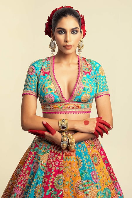 Shop_Rajbinder Chahal_Multi Color Silk Sequins, Lace, Embroidery V-neck Floral Blouse And Lehenga Set _Online_at_Aza_Fashions