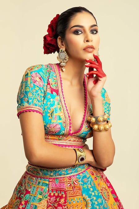 Rajbinder Chahal_Multi Color Silk Sequins, Lace, Embroidery V-neck Floral Blouse And Lehenga Set _at_Aza_Fashions