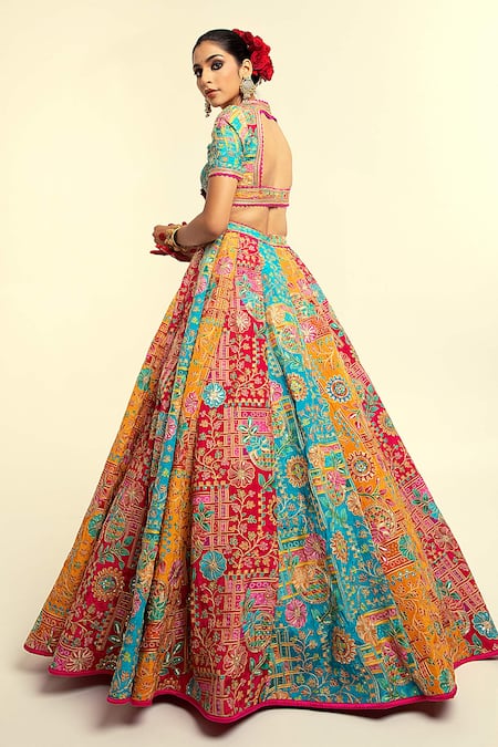 Buy_Rajbinder Chahal_Multi Color Silk Sequins, Lace, Embroidery V-neck Floral Blouse And Lehenga Set 