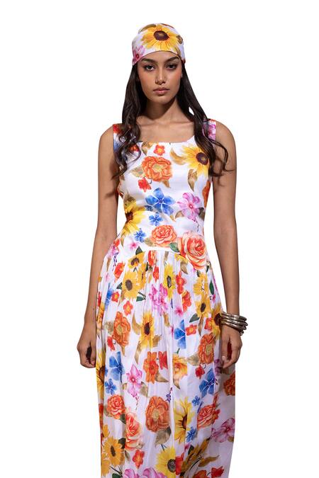 Buy_Pop Sugar_Multi Color Cotton Round Neck Elegant Blossom Drop Waist Dress _Online_at_Aza_Fashions