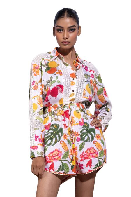 Pop Sugar_Multi Color Cotton Embroidery Floral Print Button Down Shirt And Shorts Set _Online_at_Aza_Fashions