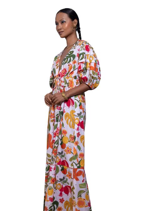 Buy_Pop Sugar_Multi Color 100% Cotton Printed Bird Plunge V Opulent Leaf Maxi Dress _Online_at_Aza_Fashions
