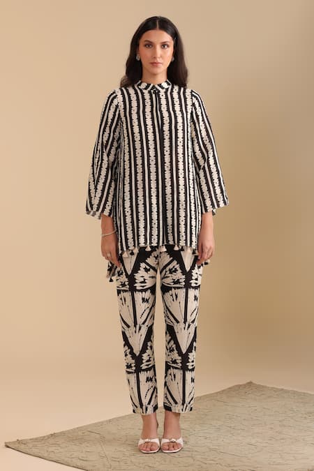 Soup By Sougat Paul_Black Cotton, Linen Bandeau Neck Naqsh Printed Shirt Tunic And Pant Set _Online_at_Aza_Fashions
