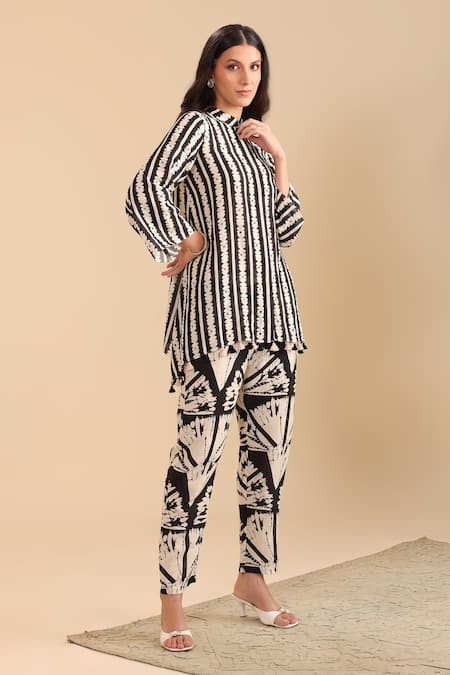 Shop_Soup By Sougat Paul_Black Cotton, Linen Bandeau Neck Naqsh Printed Shirt Tunic And Pant Set _Online_at_Aza_Fashions