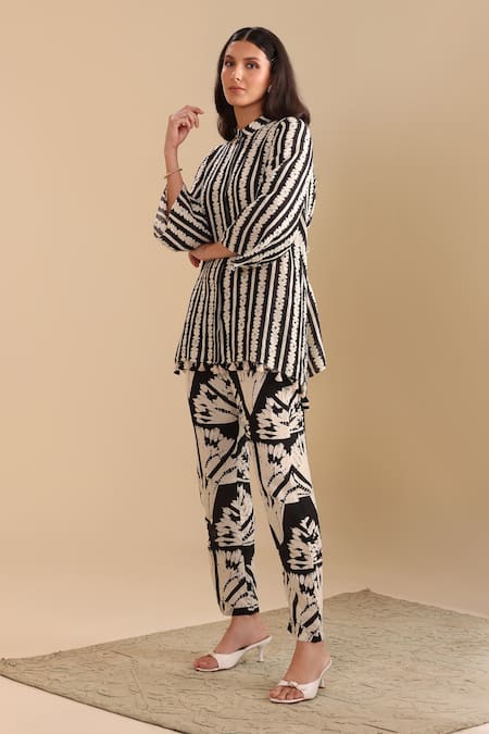 Soup By Sougat Paul_Black Cotton, Linen Bandeau Neck Naqsh Printed Shirt Tunic And Pant Set _at_Aza_Fashions