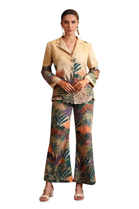 Soup By Sougat Paul_Beige Cotton Beads, Cut Work Kaira Floral Embroidered Blazer And Pant Set _Online_at_Aza_Fashions