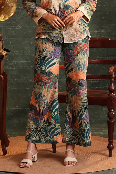 Buy_Soup By Sougat Paul_Beige Cotton Beads, Cut Work Kaira Floral Embroidered Blazer And Pant Set _Online_at_Aza_Fashions