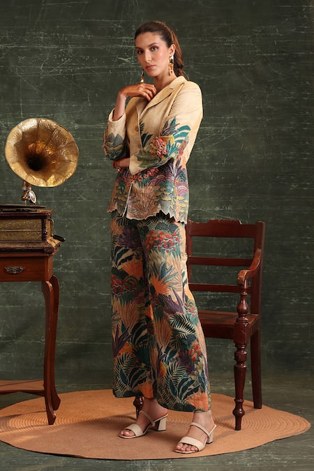 Shop_Soup By Sougat Paul_Beige Cotton Beads, Cut Work Kaira Floral Embroidered Blazer And Pant Set _Online_at_Aza_Fashions