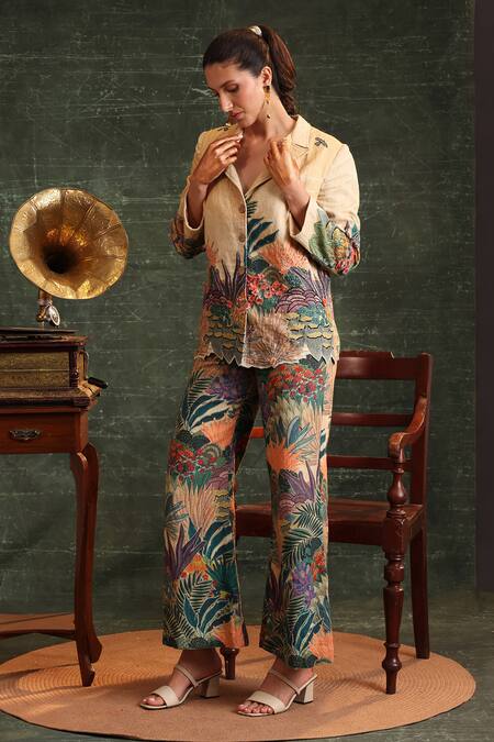 Soup By Sougat Paul_Beige Cotton Beads, Cut Work Kaira Floral Embroidered Blazer And Pant Set _at_Aza_Fashions