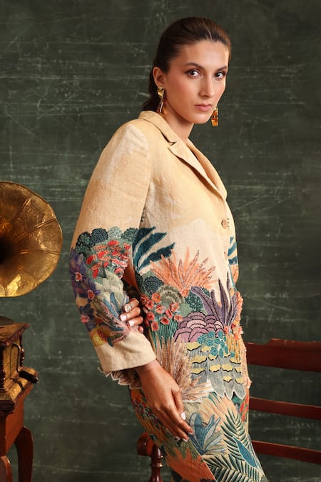 Buy_Soup By Sougat Paul_Beige Cotton Beads, Cut Work Kaira Floral Embroidered Blazer And Pant Set 