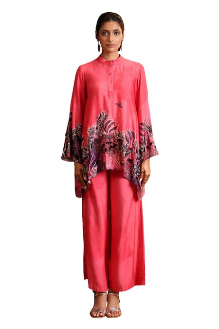 Soup By Sougat Paul_Pink Chanderi Sequins, Embroidery Collared Kaira Printed Kurta And Pant Set _Online_at_Aza_Fashions