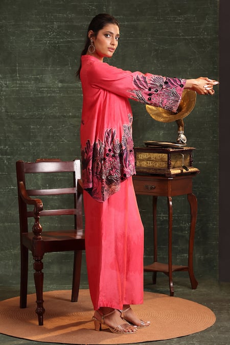 Shop_Soup By Sougat Paul_Pink Chanderi Sequins, Embroidery Collared Kaira Printed Kurta And Pant Set _Online_at_Aza_Fashions