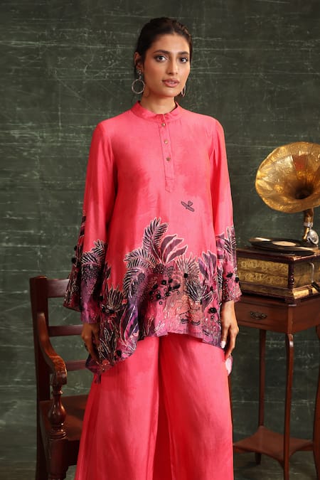 Soup By Sougat Paul_Pink Chanderi Sequins, Embroidery Collared Kaira Printed Kurta And Pant Set _at_Aza_Fashions