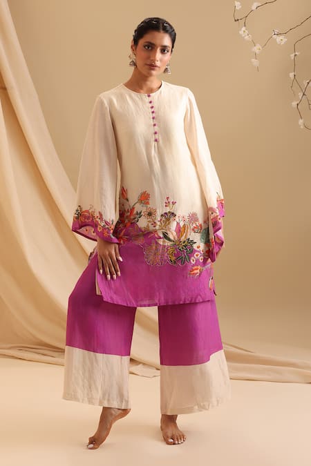 Soup by Sougat Paul Aarani Floral Border Printed Kurta & Flared Pant Set 