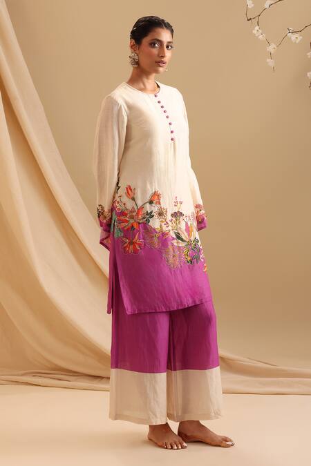 Soup By Sougat Paul_Cream Silk Embroidery Round Aarani Floral Border Printed Kurta And Flared Pant Set _Online_at_Aza_Fashions