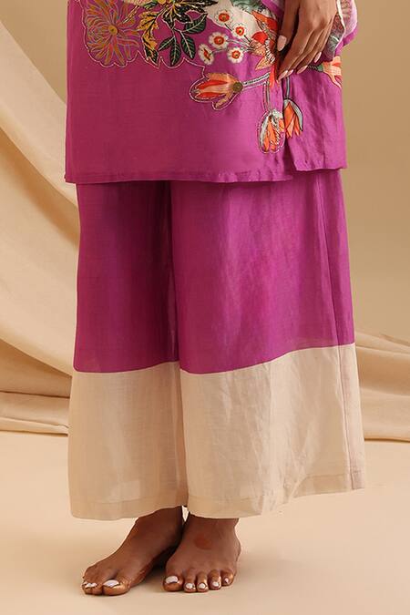 Buy_Soup By Sougat Paul_Cream Silk Embroidery Round Aarani Floral Border Printed Kurta And Flared Pant Set _Online_at_Aza_Fashions