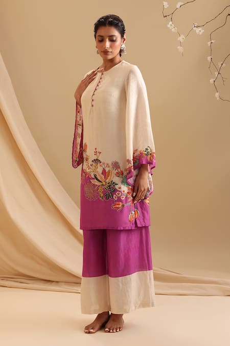 Shop_Soup By Sougat Paul_Cream Silk Embroidery Round Aarani Floral Border Printed Kurta And Flared Pant Set _Online_at_Aza_Fashions