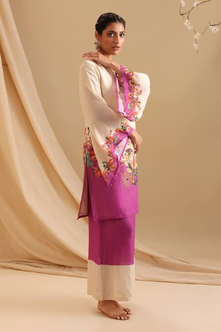 Soup By Sougat Paul_Cream Silk Embroidery Round Aarani Floral Border Printed Kurta And Flared Pant Set _at_Aza_Fashions