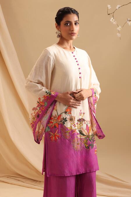Buy_Soup By Sougat Paul_Cream Silk Embroidery Round Aarani Floral Border Printed Kurta And Flared Pant Set 