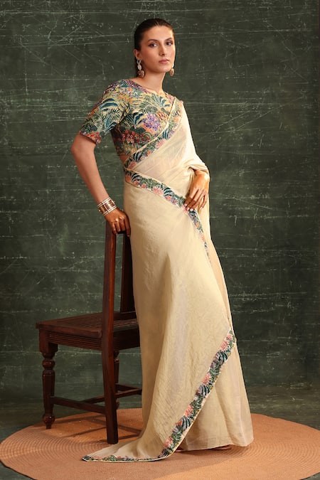 Soup By Sougat Paul_Beige Chanderi, Tissue Sequins, Kaira Pre-stitched Saree With Printed Blouse _Online_at_Aza_Fashions