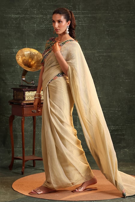 Buy_Soup By Sougat Paul_Beige Chanderi, Tissue Sequins, Kaira Pre-stitched Saree With Printed Blouse _Online_at_Aza_Fashions