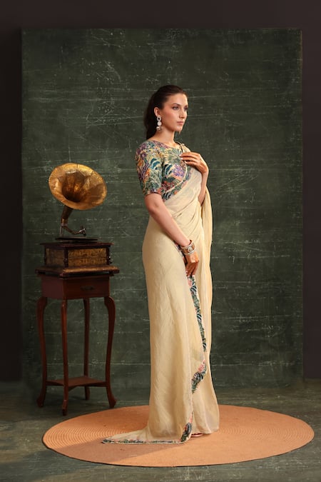Shop_Soup By Sougat Paul_Beige Chanderi, Tissue Sequins, Kaira Pre-stitched Saree With Printed Blouse _Online_at_Aza_Fashions