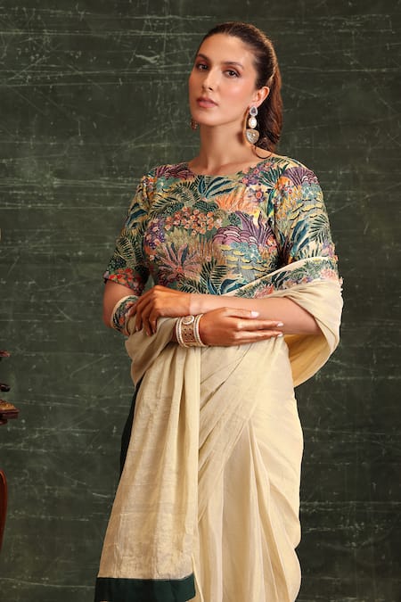 Soup By Sougat Paul_Beige Chanderi, Tissue Sequins, Kaira Pre-stitched Saree With Printed Blouse _at_Aza_Fashions