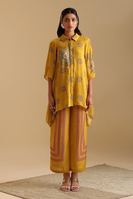 Soup By Sougat Paul_Yellow Cotton, Silk Sequins, Beads, Eraya Floral Print Shirt Kurta And Pant Set _Online_at_Aza_Fashions