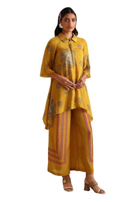 Shop Soup By Sougat Paul Yellow Cotton, Silk Sequins, Beads, Eraya Floral Print Shirt Kurta And Pant Set Online at Aza Fashions Shop_Soup By Sougat Paul_Yellow Cotton, Silk Sequins, Beads, Eraya Floral Print Shirt Kurta And Pant Set _Online_at_Aza_Fashions