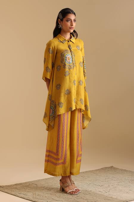 Soup By Sougat Paul_Yellow Cotton, Silk Sequins, Beads, Eraya Floral Print Shirt Kurta And Pant Set _at_Aza_Fashions