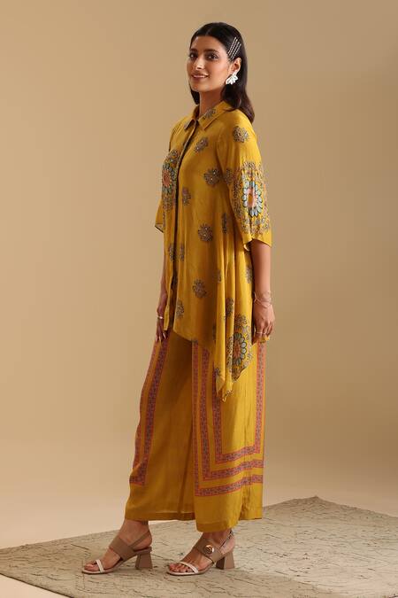 Buy_Soup By Sougat Paul_Yellow Cotton, Silk Sequins, Beads, Eraya Floral Print Shirt Kurta And Pant Set 