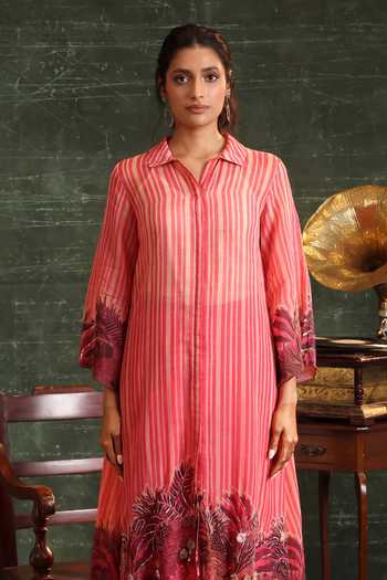 Buy_Soup By Sougat Paul_Pink Organza, Chanderi Embroidery, Kaira Stripe Print Shirt Kurta And Pant Set _Online_at_Aza_Fashions
