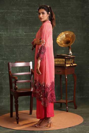 Buy_Soup By Sougat Paul_Pink Organza, Chanderi Embroidery, Kaira Stripe Print Shirt Kurta And Pant Set 