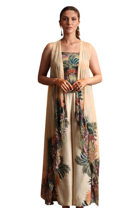 Soup By Sougat Paul Beige Chanderi, Organza Cut Work Square Kaira Tropical Print Jacket Pant Set Online at Aza Fashions Soup By Sougat Paul_Beige Chanderi, Organza Cut Work Square Kaira Tropical Print Jacket Pant Set _Online_at_Aza_Fashions